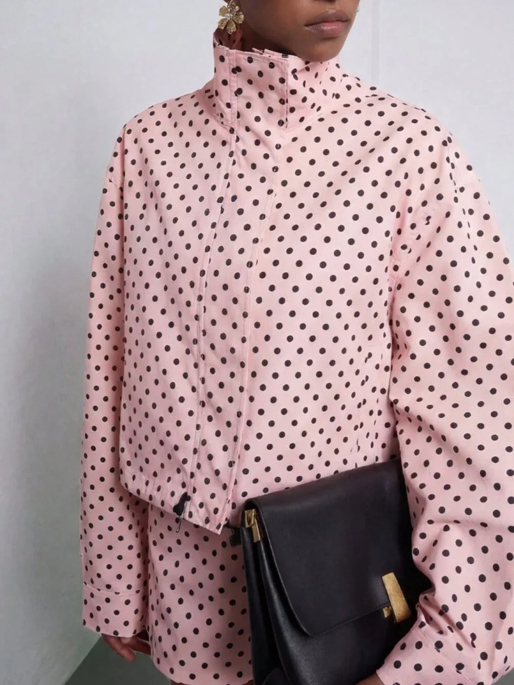 Pink Casual Women's Polka Dot Bomber Jacket with Stand Collar